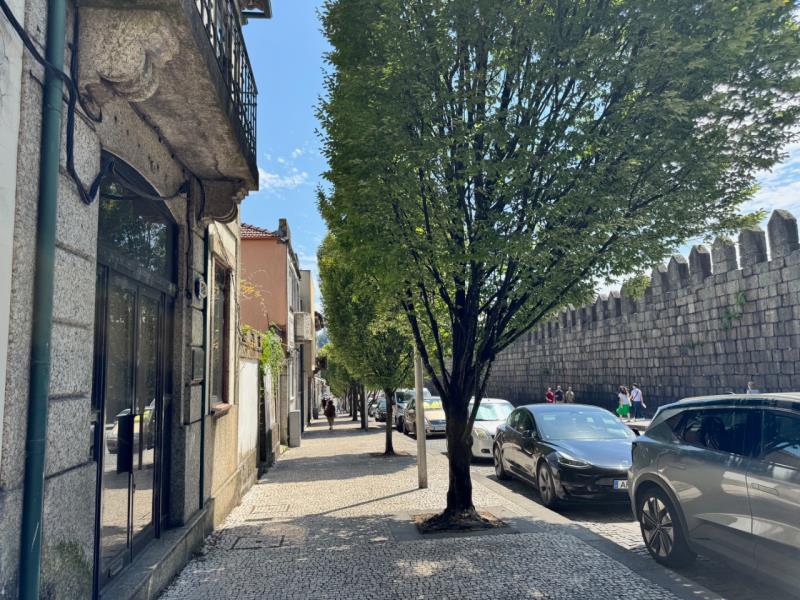 Fotografia de imóvel: Edifício de 4 pisos com amplo logradouro em frente à muralha de Guimarães