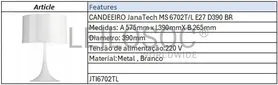Fotografia 5 de 5: Candeeiro JanaTech MS 6702T/L E27 D390 BR