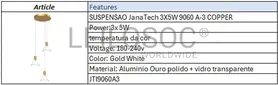 Fotografia 4 de 4: Candeeiro de Suspensão JanaTech 3X5W 9060 A-3 COPPER