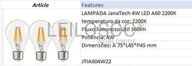 Fotografia 2 de 4: Lâmpadas JanaTech 4W LED A60 2200K